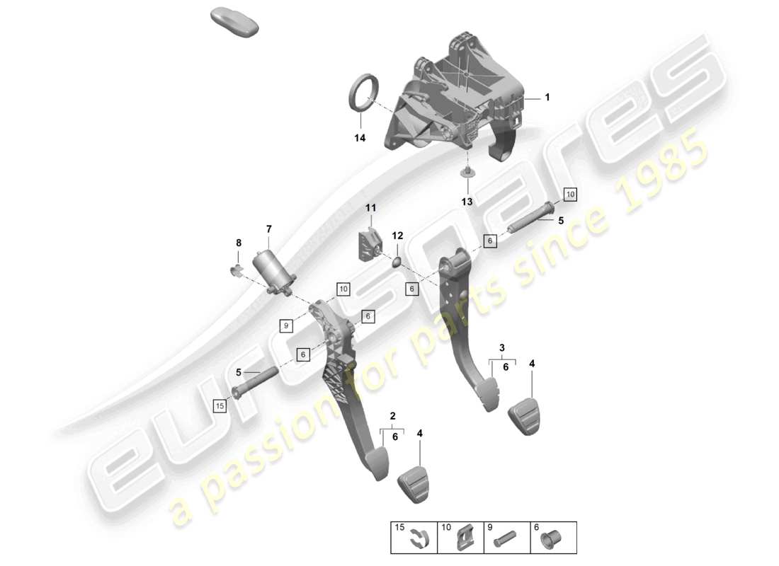 porsche 2021 (718 cayman gt4) freno y aceleración. palanca mecanica. diagrama de piezas
