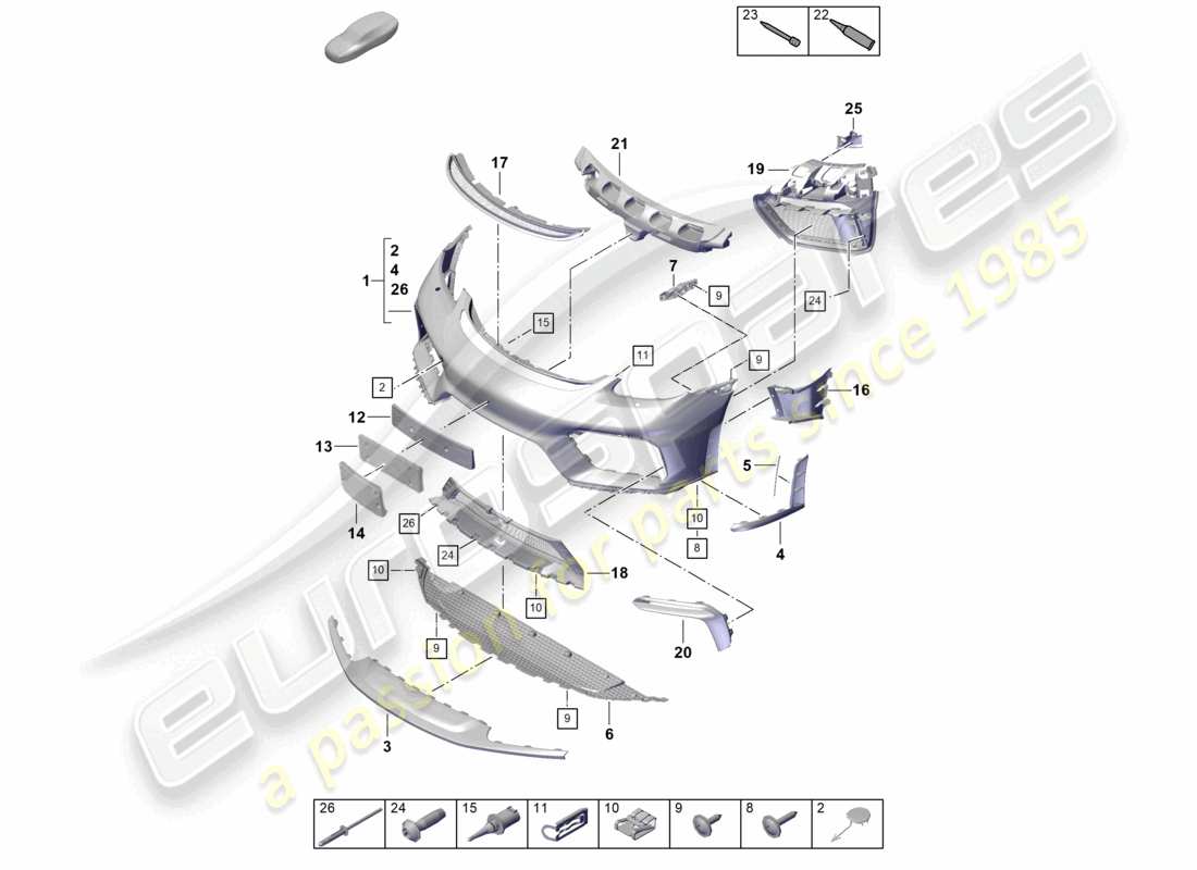 porsche 2021 (718 cayman gt4) diagrama de pieza del parachoques delantero