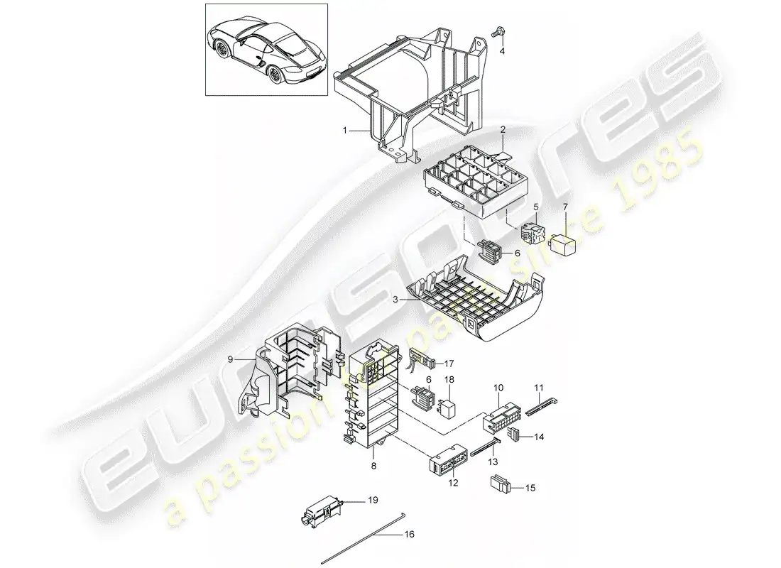 porsche 2010 (987 cayman) caja de fusibles/placa de relés diagrama de piezas