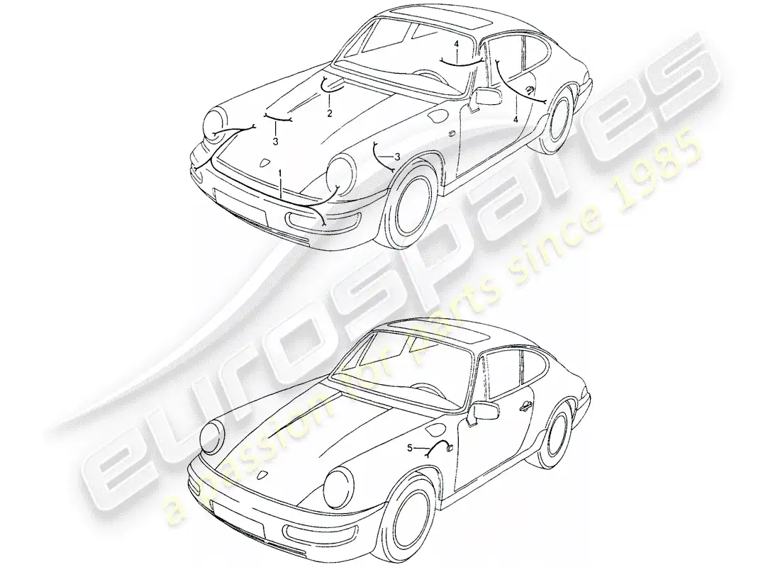 porsche 1990 (964) arneses de cableado - faro - sistema de freno antibloqueo -abs- diagrama de piezas