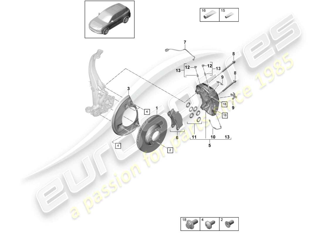 porsche 2024 (cayenne e3 9ya/9yb) freno de disco 19 diagrama de piezas del eje delantero