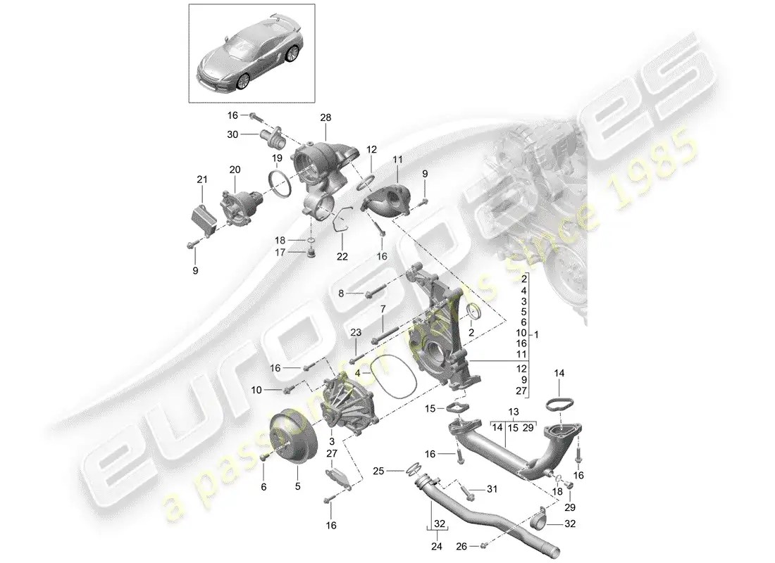 porsche 2016 (981 cayman gt4) diagrama de piezas de la bomba de agua