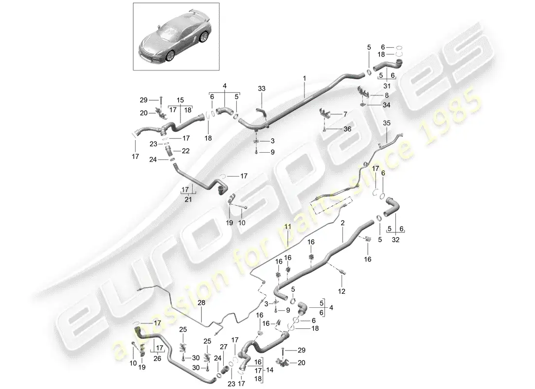 porsche 2016 (981 cayman gt4) refrigeración por agua 1 diagrama de piezas