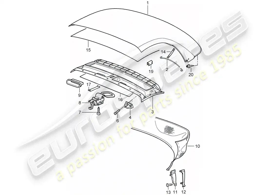 porsche 2001 (986 boxster) cubierta superior convertible - techo diagrama de piezas