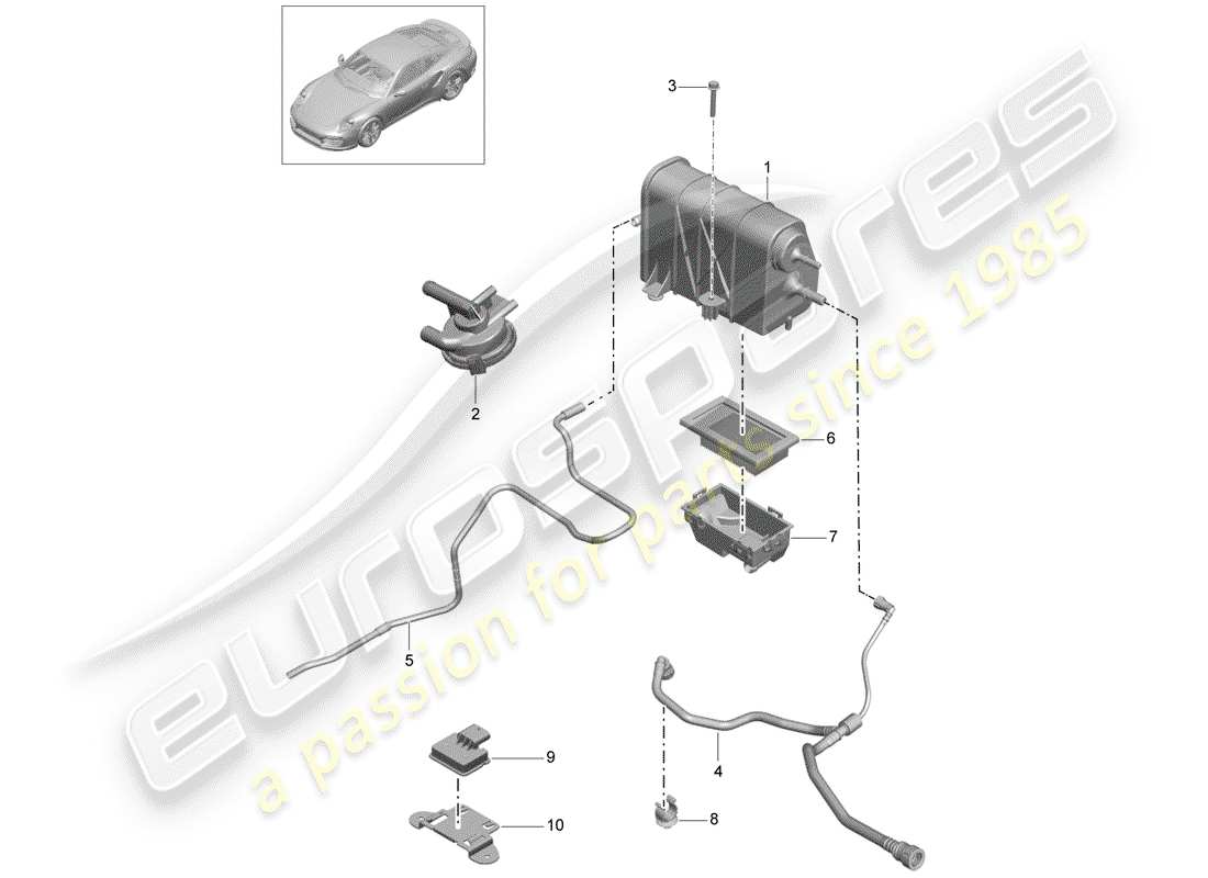porsche 991 turbo (2018) diagrama de piezas del recipiente de emisiones evaporativas