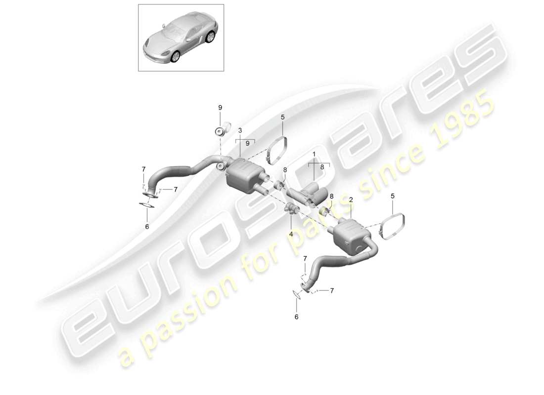 porsche 2025 (718 cayman) diagrama de piezas del sistema de escape sport