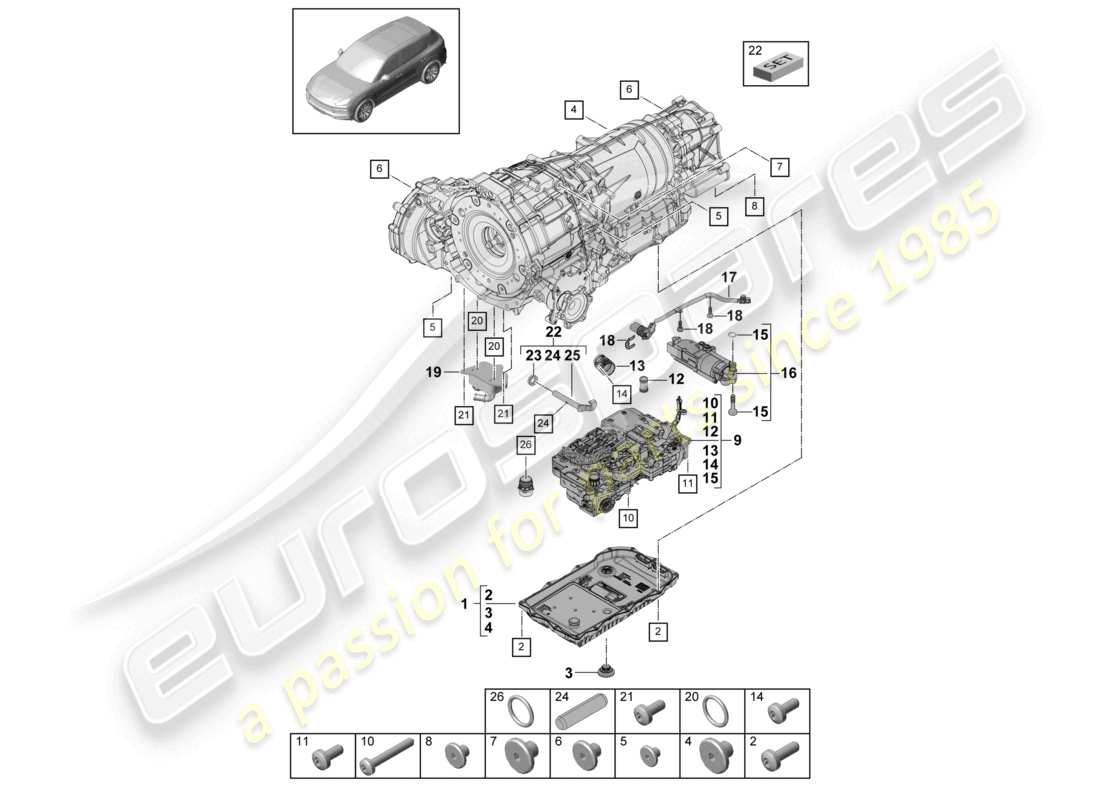 porsche 2023 (cayenne e3 9ya/9yb) 8-speed caja de cambios automática para tracción a las cuatro ruedas mecatrónica con software bomba de aceite enfriador de aceite de engranajes cárter de aceite de transmisión diagrama de piezas
