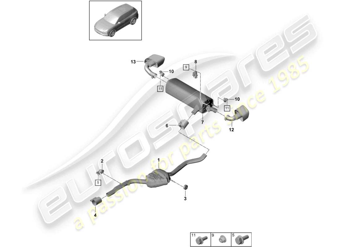 porsche 2023 (cayenne e3 9ya/9yb) sistema de escape silenciador delantero silenciador trasero diagrama de piezas del tubo de escape