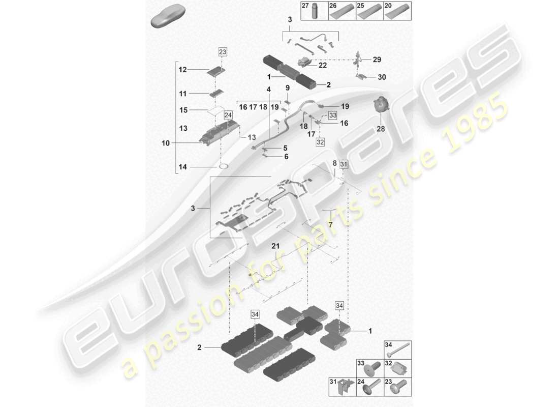 porsche 2021 (taycan 9j1-1) batería de repuesto accionamiento eléctrico piezas individuales diagrama de piezas