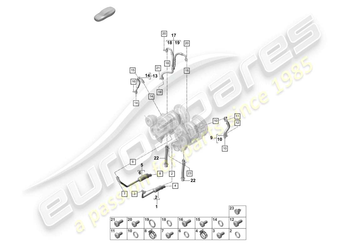 porsche 2022 (panamera 971-2) sistema de enfriamiento de refrigerante para turbocompresor línea de presión de aceite para turbocompresor de gases de escape diagrama de piezas