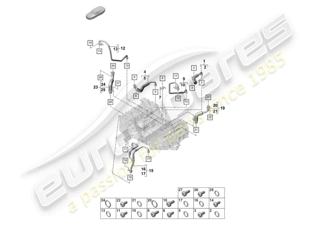 porsche 2022 (panamera 971-2) sistema de enfriamiento de refrigerante para turbocompresor línea de presión de aceite para turbocompresor de gases de escape diagrama de piezas
