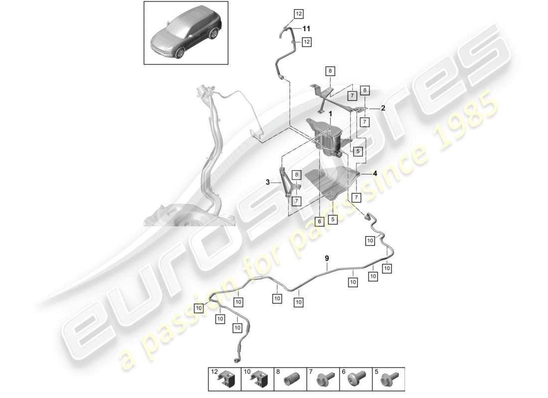 porsche 2024 (cayenne e3 9ya/9yb) diagrama de piezas del recipiente de carbón activado