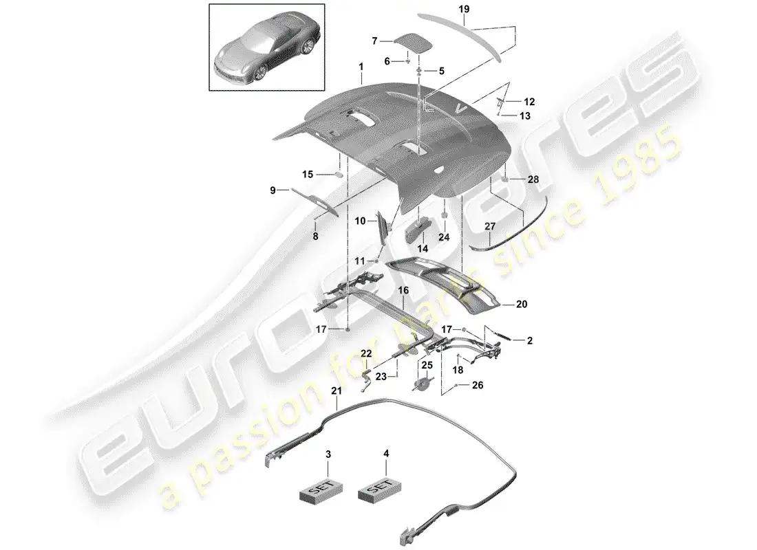 porsche 2015 (991-1 r/gt3/rs) tapa para cofre de almacenaje superior diagrama de piezas