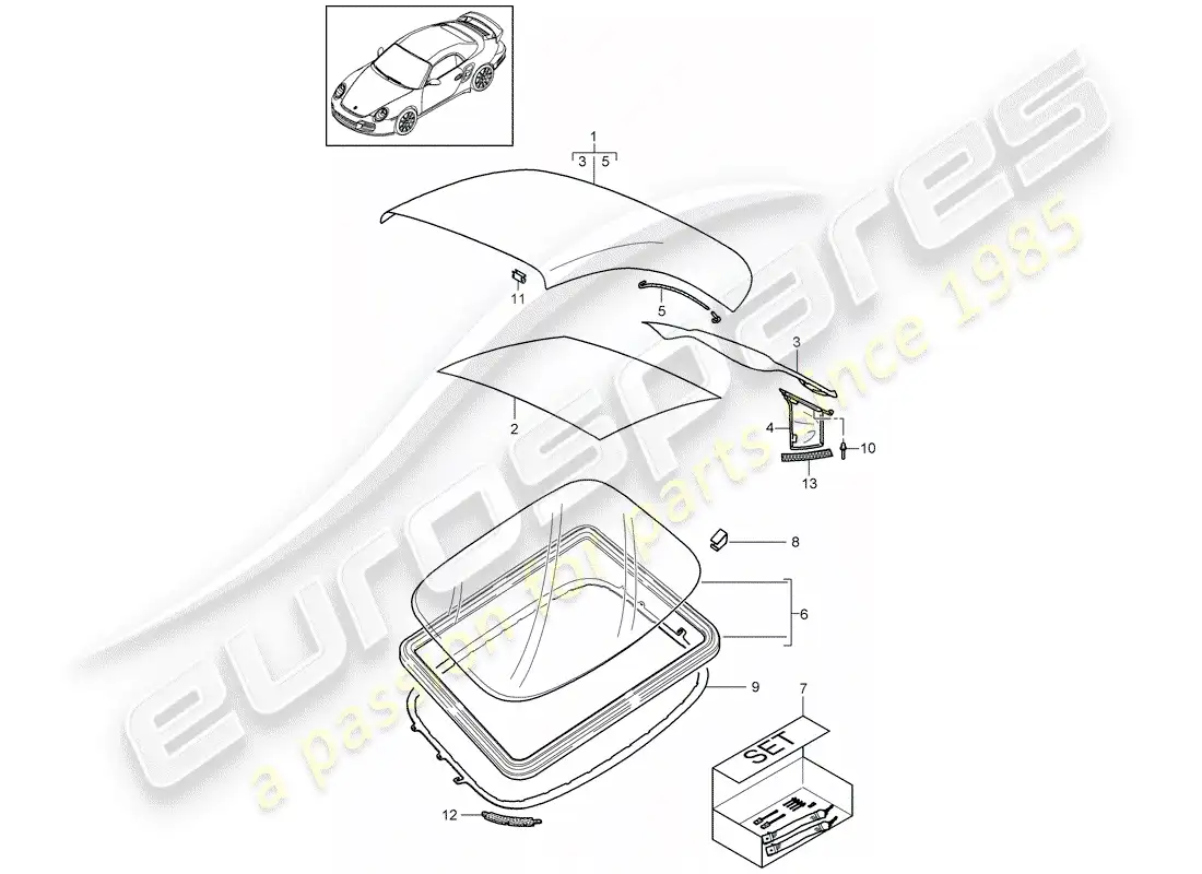 porsche 2012 (997-2 turbo / gt2 rs) cubierta de capota convertible diagrama de piezas