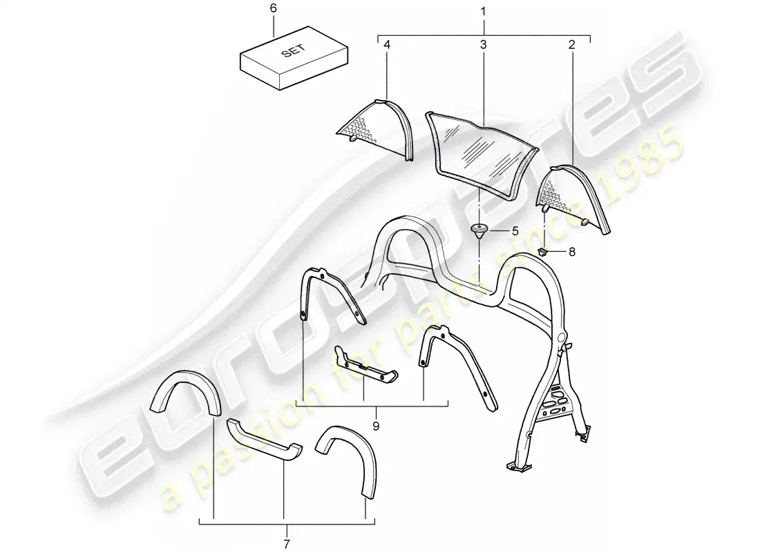 porsche 2006 (987 boxster) parabrisas diagrama de piezas