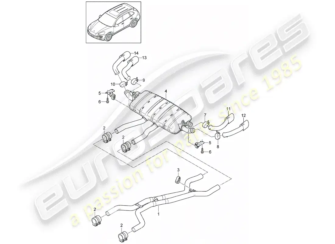 porsche 2012 (cayenne e2 92a) sistema de escape diagrama de piezas