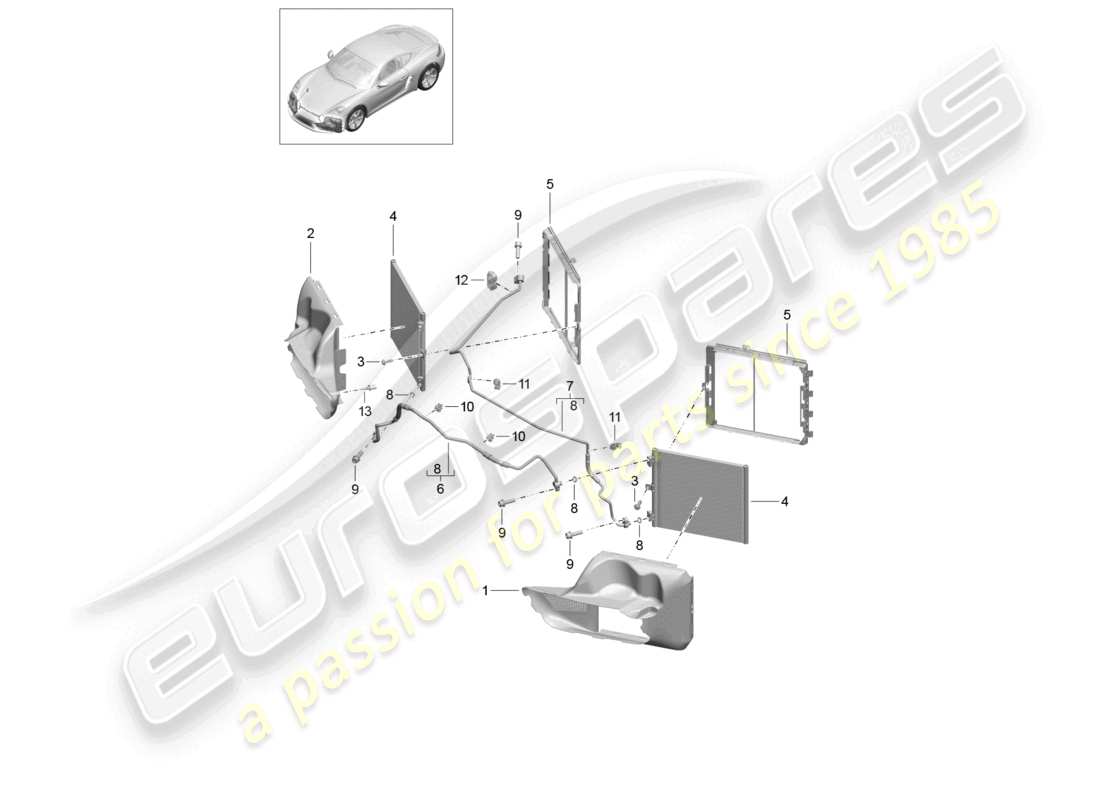 porsche 2023 (718 cayman) diagrama de piezas del circuito frontal del refrigerante