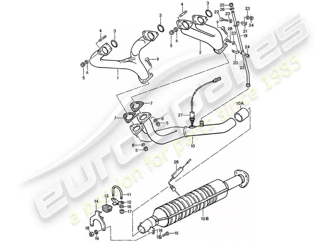 porsche 1986 (944) sistema de escape - catalizador diagrama de piezas