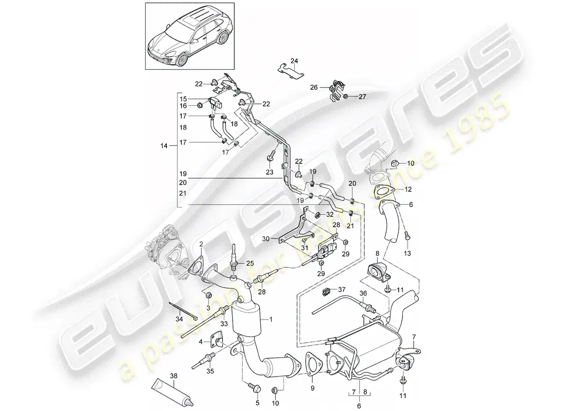 porsche 2014 (cayenne e2 92a) sistema de escape diagrama de piezas