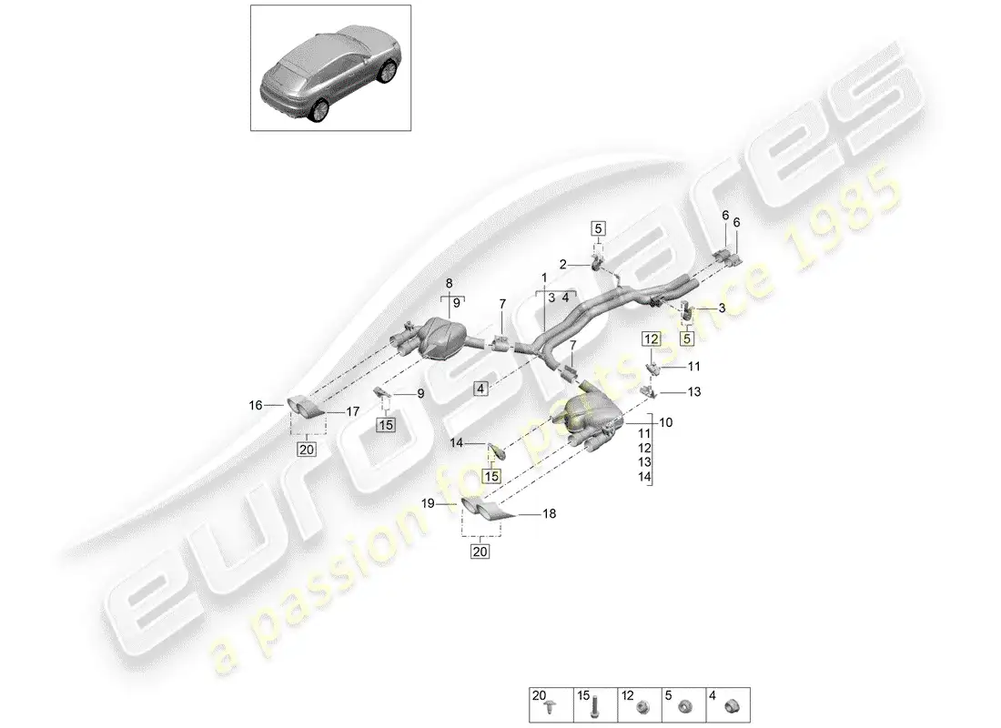 porsche 2019 (macan) sistema de escape diagrama de piezas