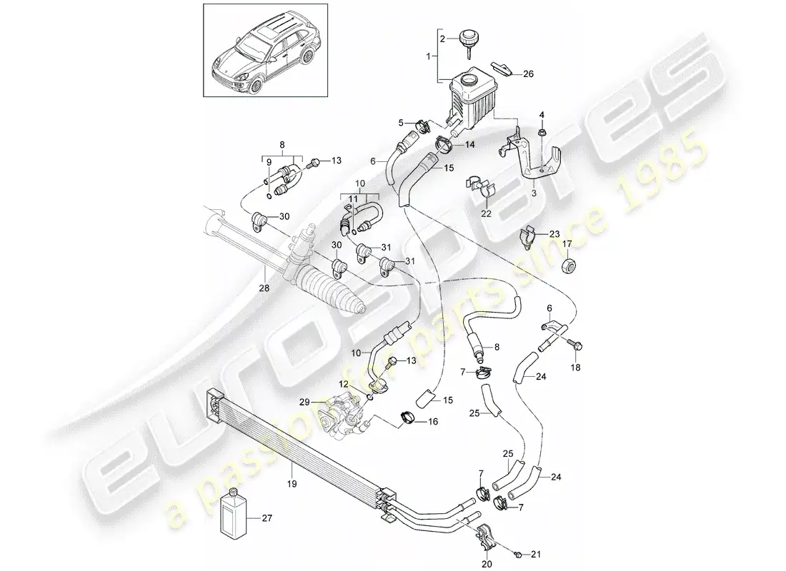 porsche 2013 (cayenne e2 92a) diagrama de piezas de la dirección asistida