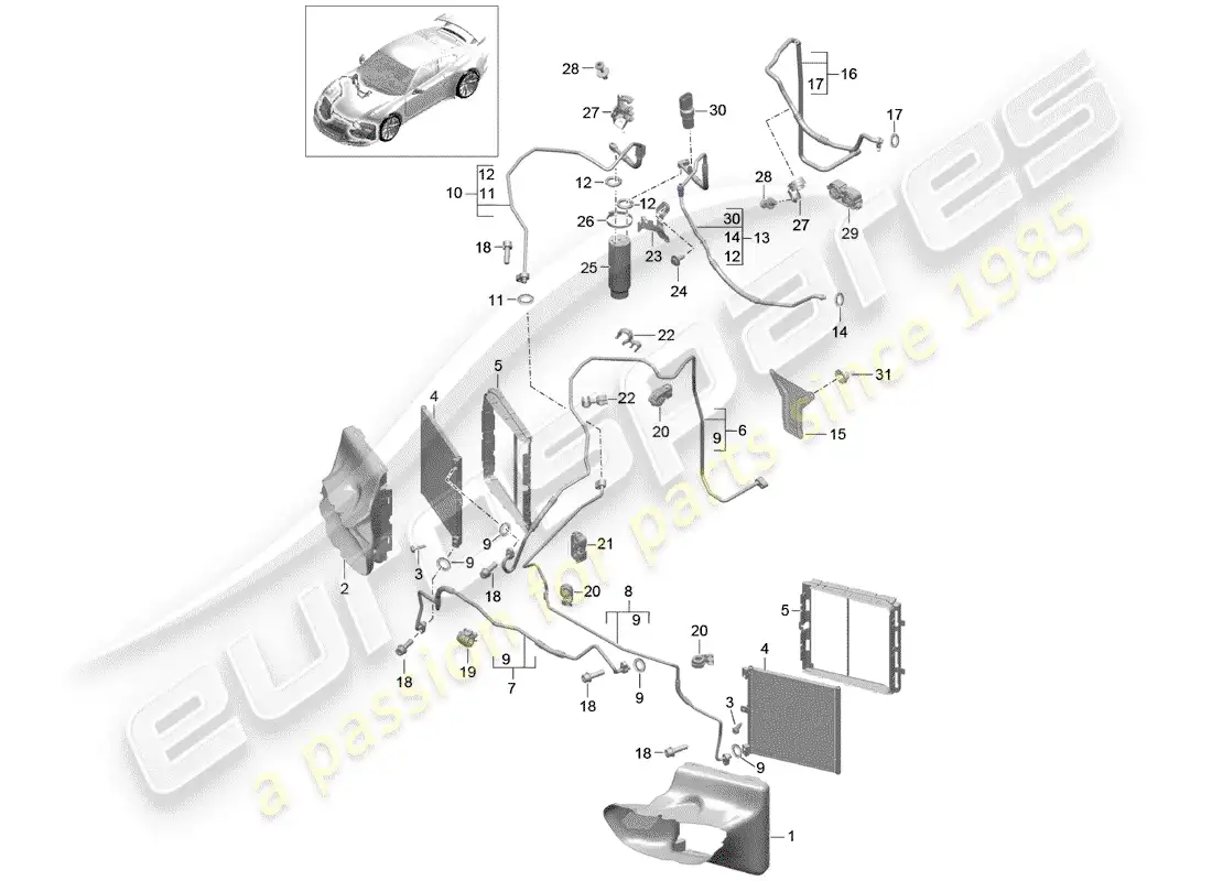 porsche 2017 (991-2 r/gt3/rs) circuito refrigerante diagrama de piezas