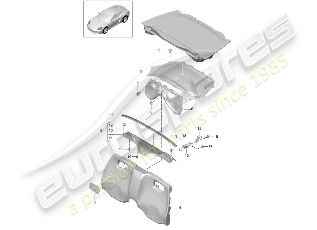 porsche 2026 (718 cayman) diagrama de piezas del compartimento del motor