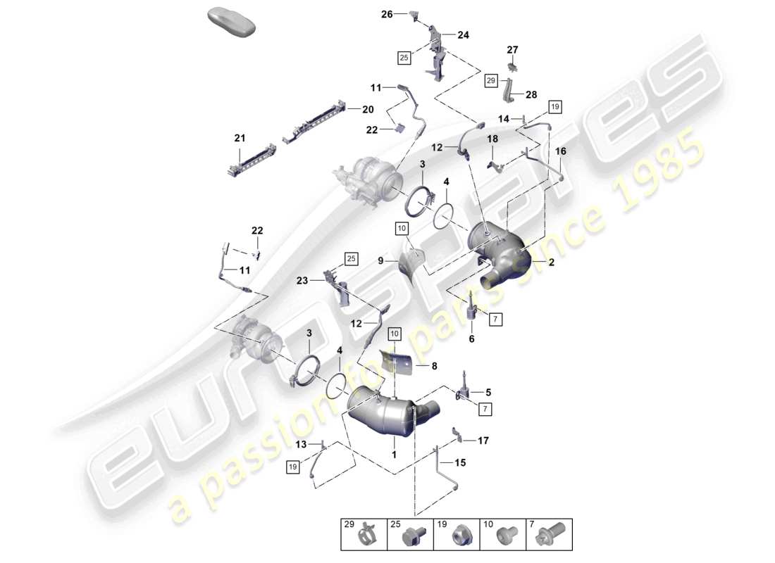 porsche 2022 (992-1 turbo / s) convertidor catalítico filtro de partículas de gasolina fijaciones y sensores diagrama de piezas