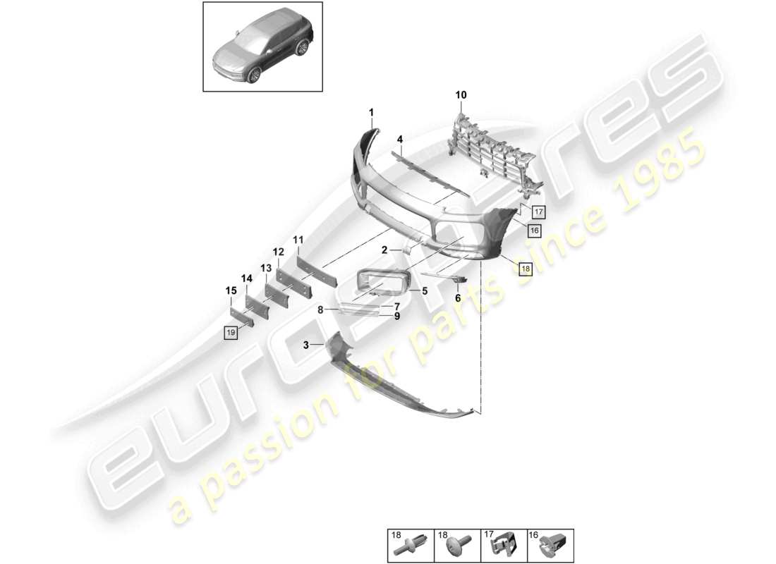 porsche 2024 (cayenne e3 9ya/9yb) diagrama de piezas del paquete sport design del parachoques delantero