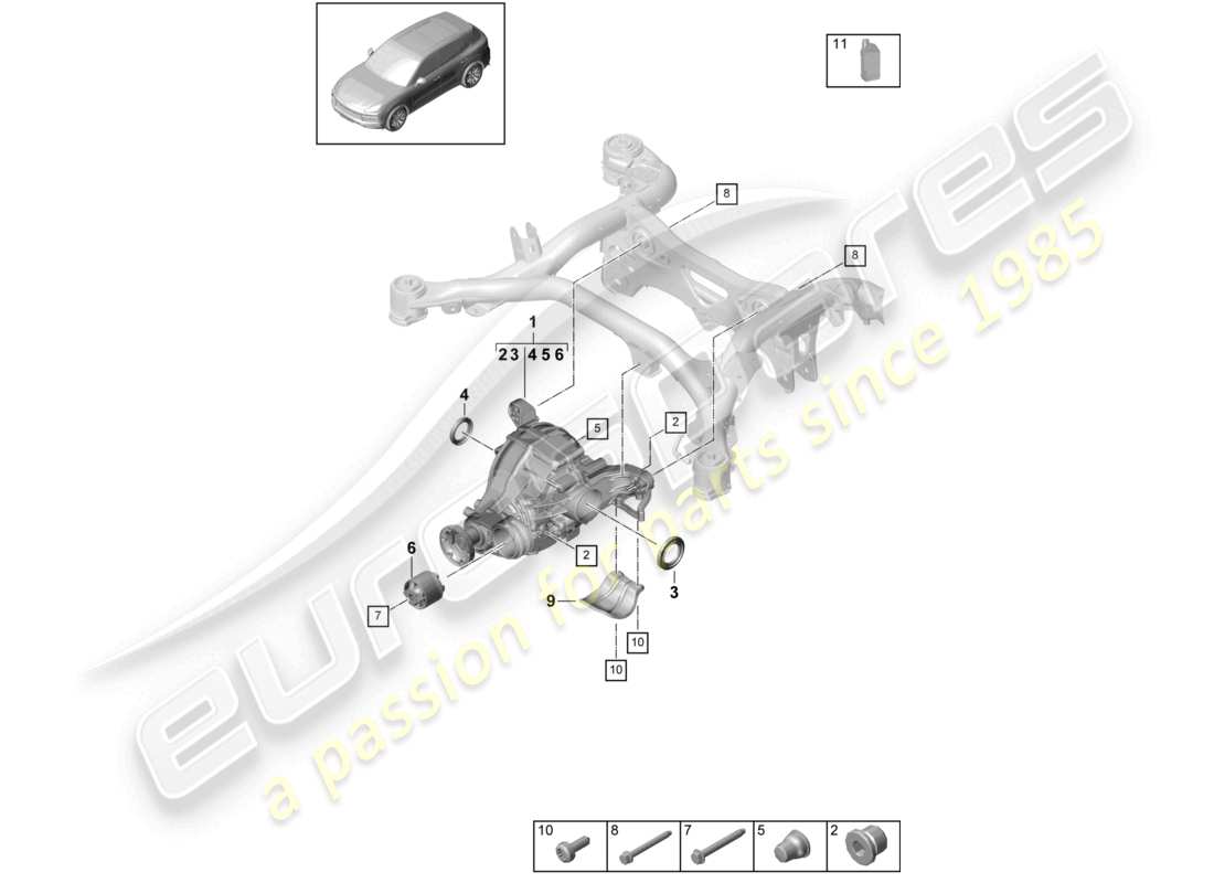 porsche 2024 (cayenne e3 9ya/9yb) diagrama de piezas del diferencial del eje trasero para modelos sin bloqueo del diferencial