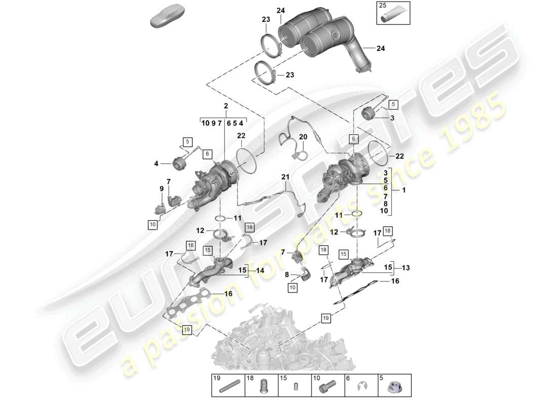 porsche 2025 (cayenne e3 pa) turbocompresor de gases de escape colectores de escape sonda lambda diagrama de piezas
