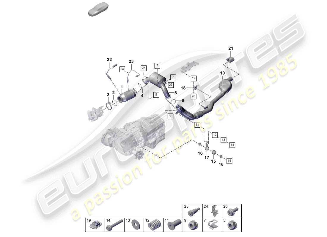 porsche 2025 (cayenne e3 pa) sistema de escape convertidor catalítico con filtro de partículas de gasolina tubo de escape con silenciador delantero sonda lambda diagrama de piezas