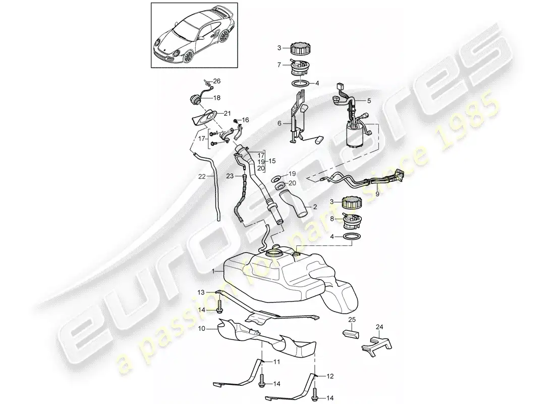 porsche 2013 (997-2 turbo / gt2 rs) depósito de combustible diagrama de piezas