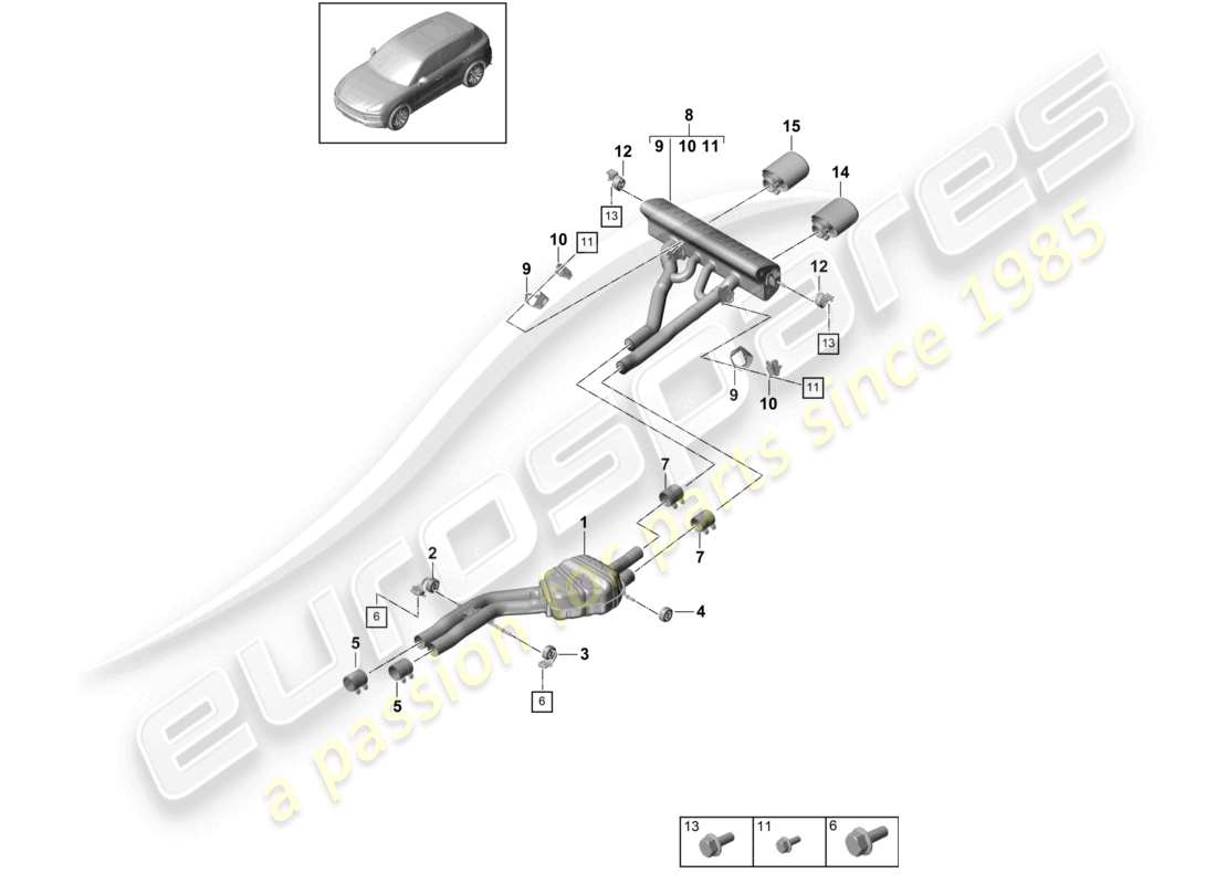porsche 2024 (cayenne e3 9ya/9yb) sistema de escape versión deportiva silenciador delantero silenciador trasero diagrama de piezas del tubo de escape