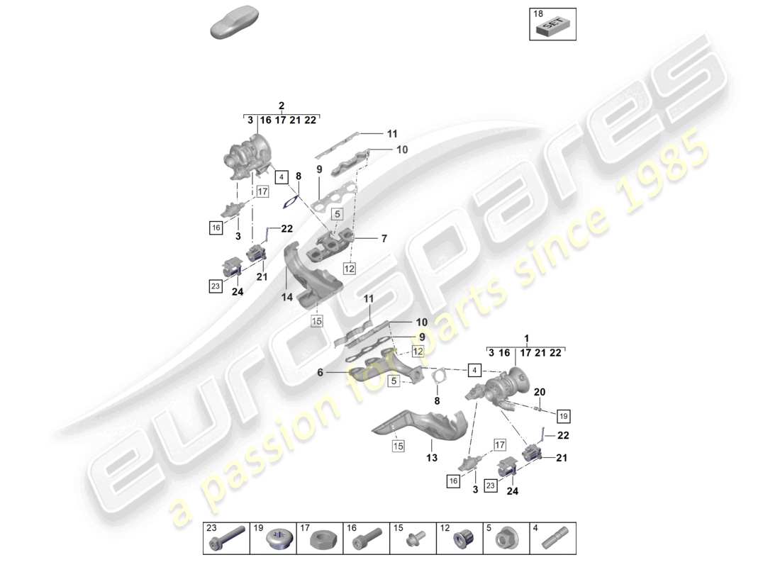 porsche 2020 (992-1 turbo / s) diagrama de piezas del turbocompresor de gases de escape y del colector de escape