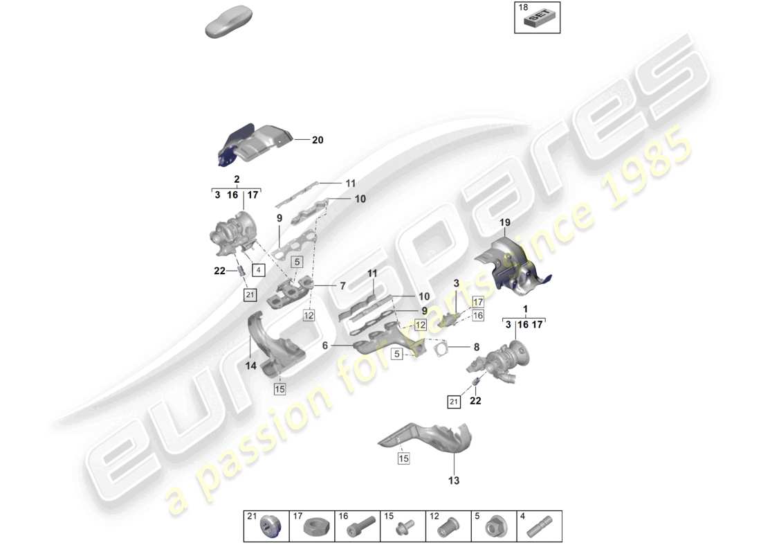 porsche 2024 (992-2) diagrama de piezas del turbocompresor de gases de escape y del colector de escape