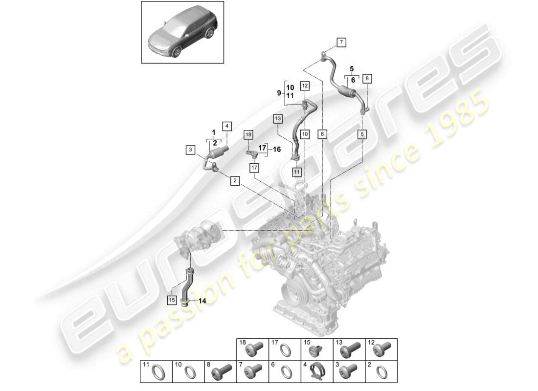 porsche 2021 (cayenne e3 9ya/9yb) diagrama de piezas del sistema de refrigeración del turbocompresor de gases de escape