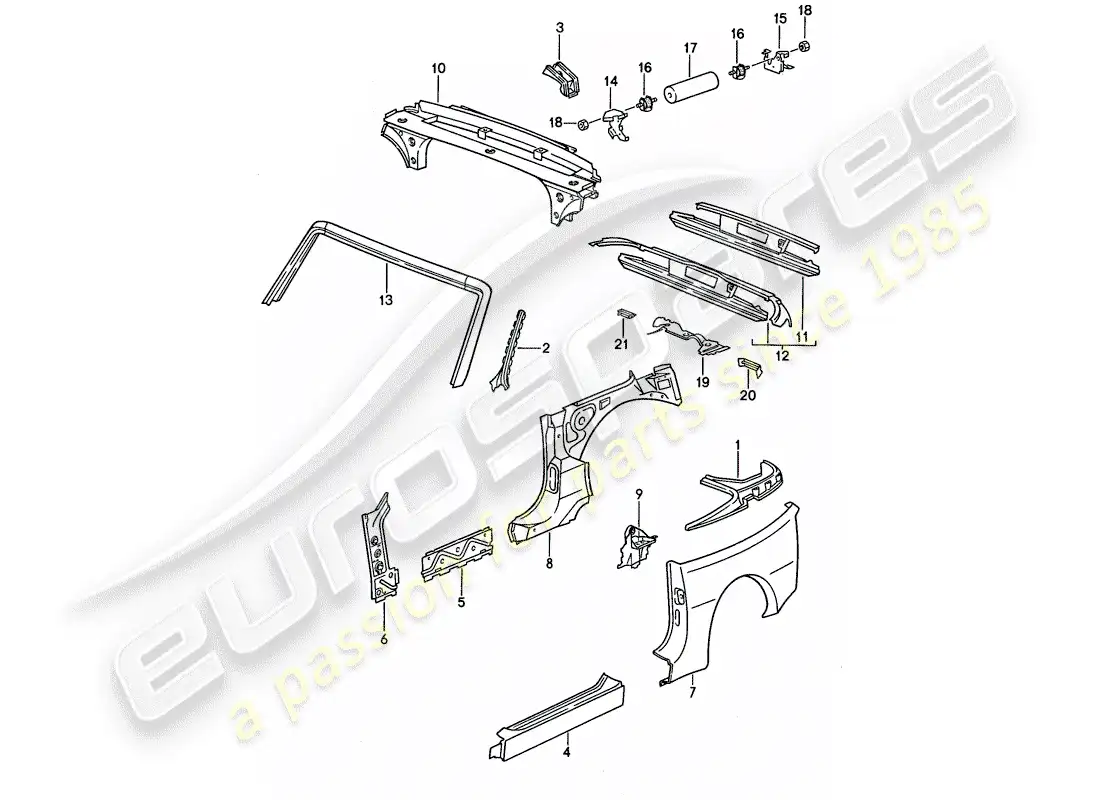porsche 1990 (944) panel lateral - marco del parabrisas - placa extrema diagrama de piezas