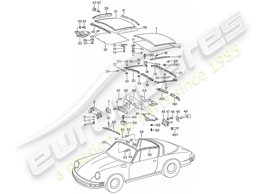 porsche 1976 (911) capota diagrama de piezas