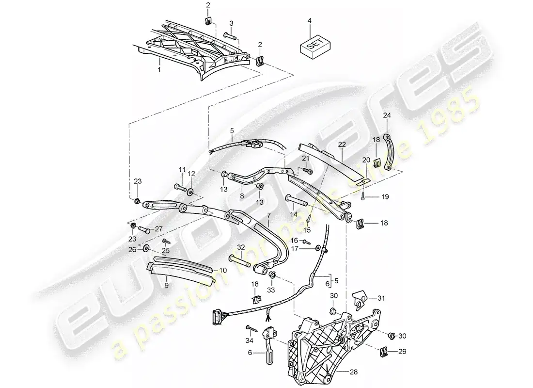 porsche 2008 (997-1 turbo / gt2) diagrama de piezas del marco superior