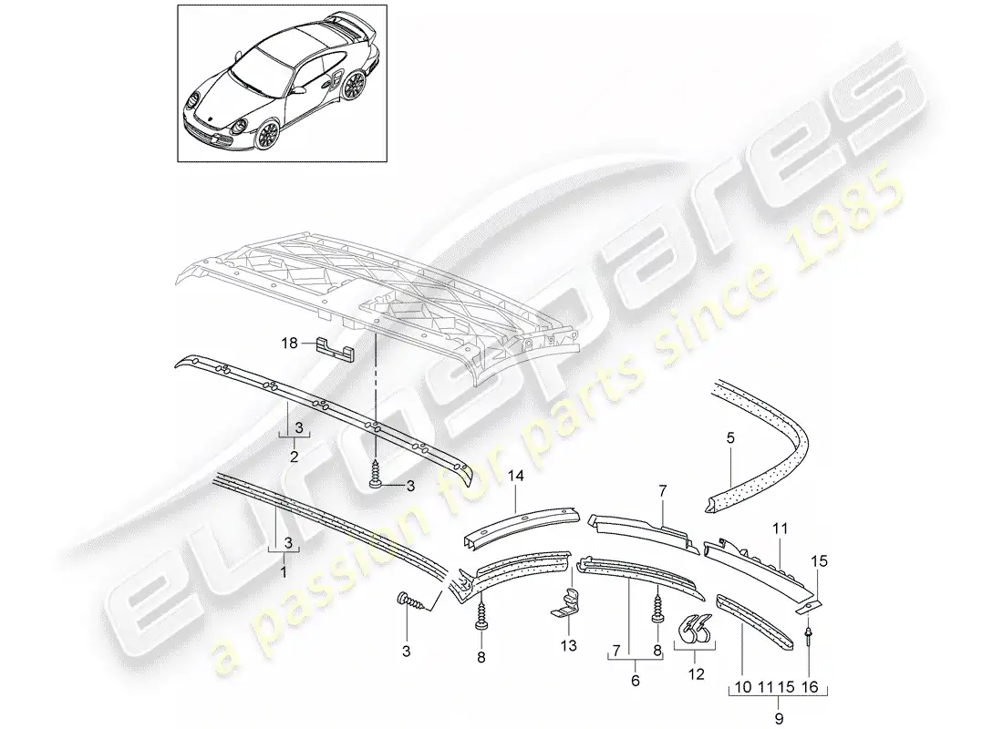 porsche 2008 (997-1 turbo / gt2) diagrama de piezas de capota convertible