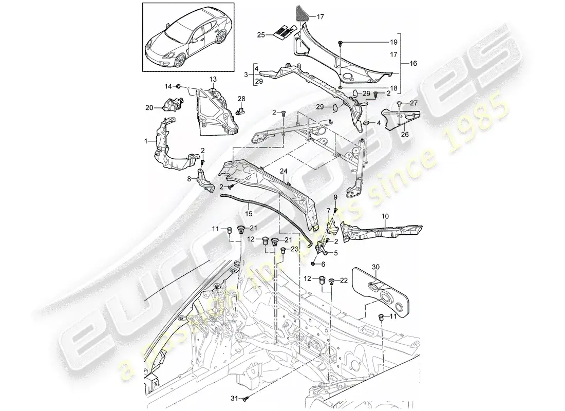 porsche 2012 (panamera 970) diagrama de piezas de la caja de agua