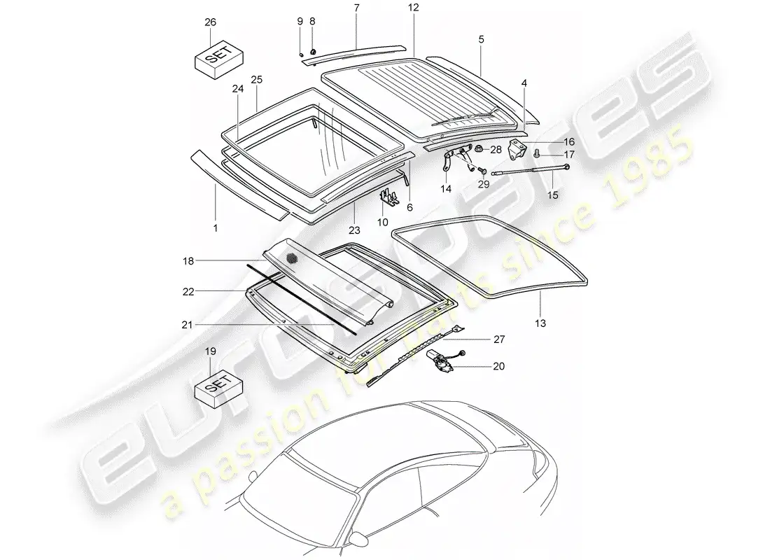 porsche 2000 (996) techo de cristal - adornos diagrama de piezas