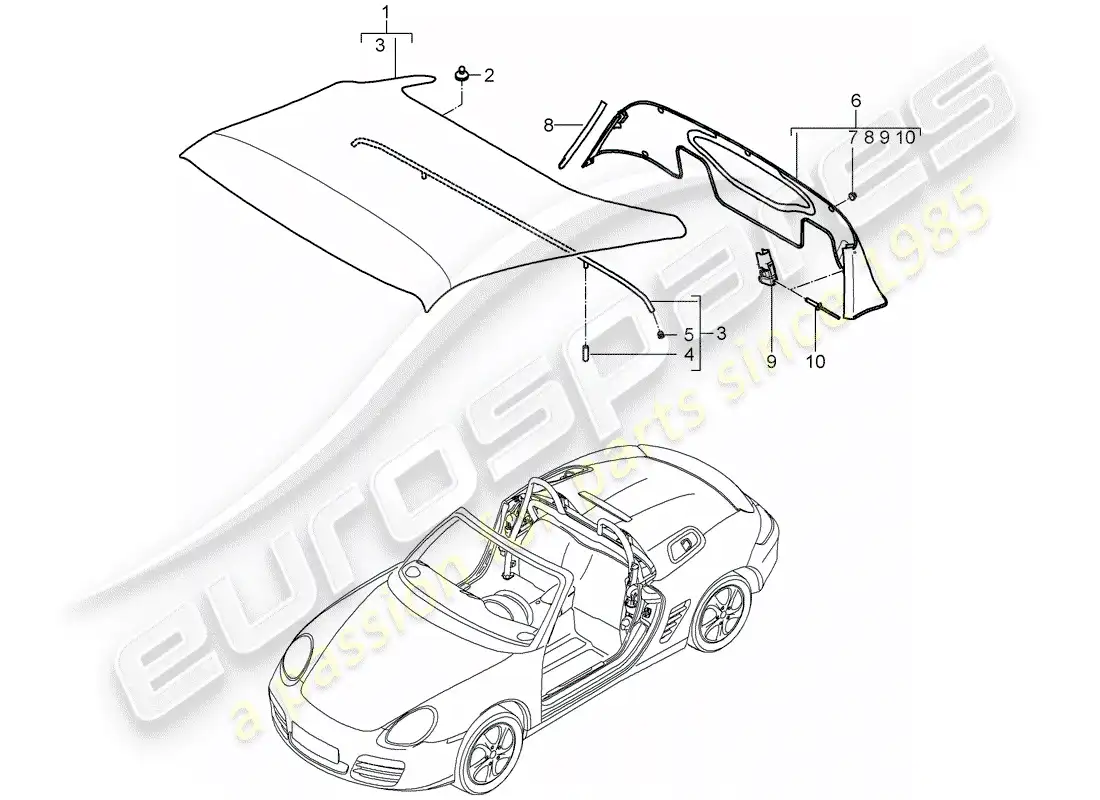 porsche 2012 (987 boxster) cubierta de capota convertible diagrama de piezas
