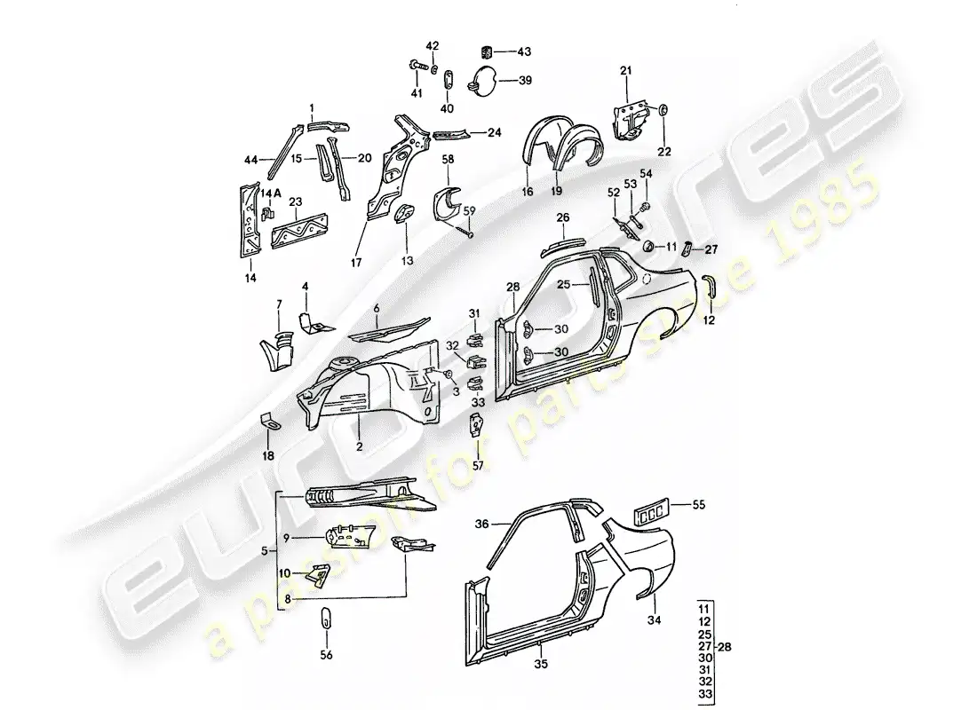 porsche 1987 (924s) panel lateral diagrama de piezas