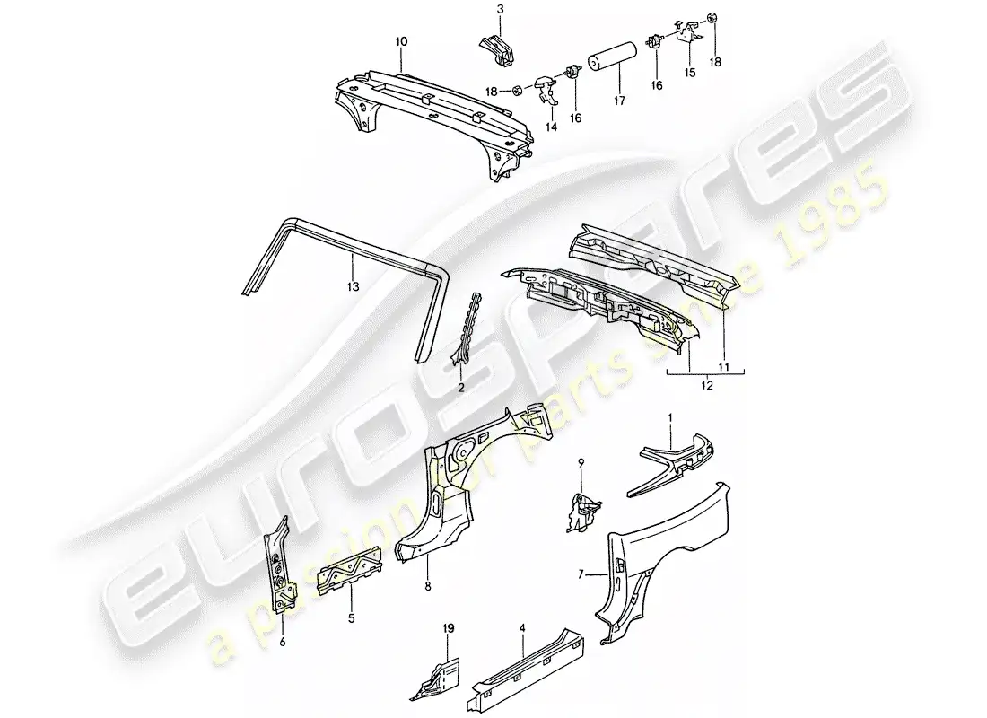 porsche 1995 (968) panel lateral - marco del parabrisas - placa extrema diagrama de piezas