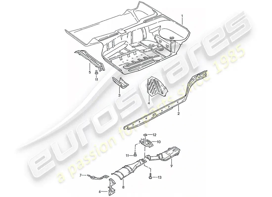 porsche 1987 (928) pan de piso - marco diagrama de piezas
