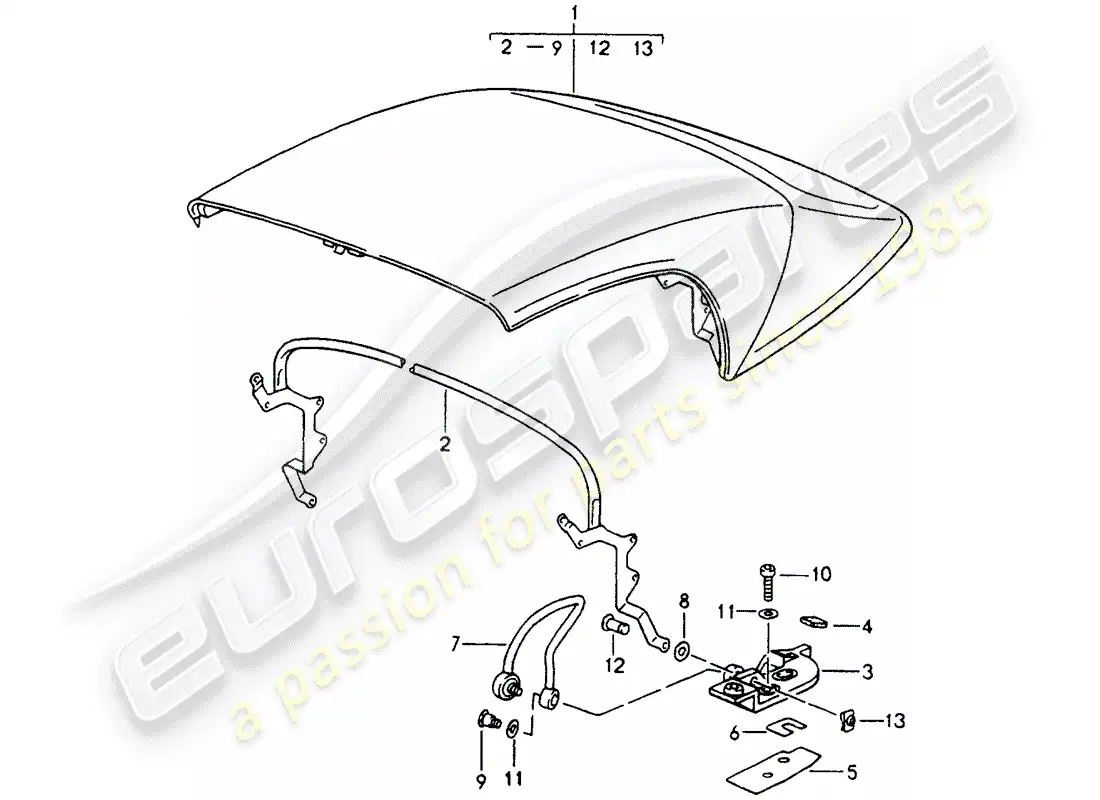 porsche 1993 (964) capota plegable - completa - arco principal - partes individuales esquema de piezas