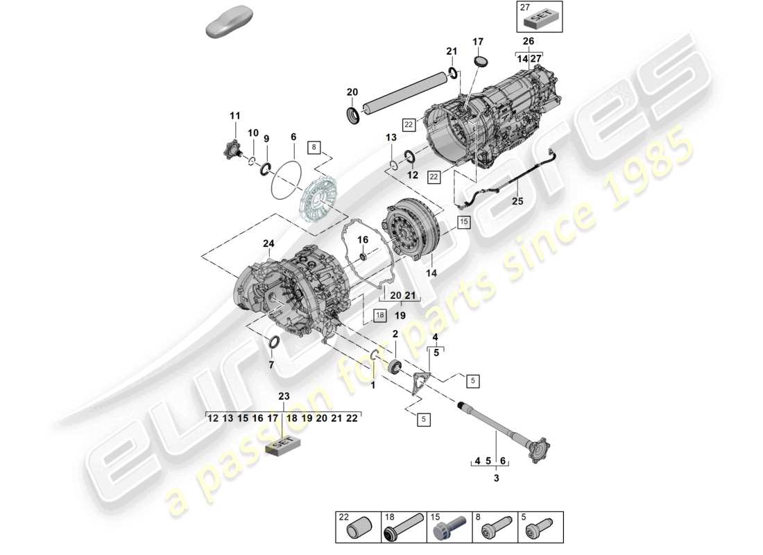 porsche 2025 (cayenne e3 pa) 8-speed caja de cambios automática para vehículos con propulsión híbrida diagrama de piezas del convertidor de eje con brida