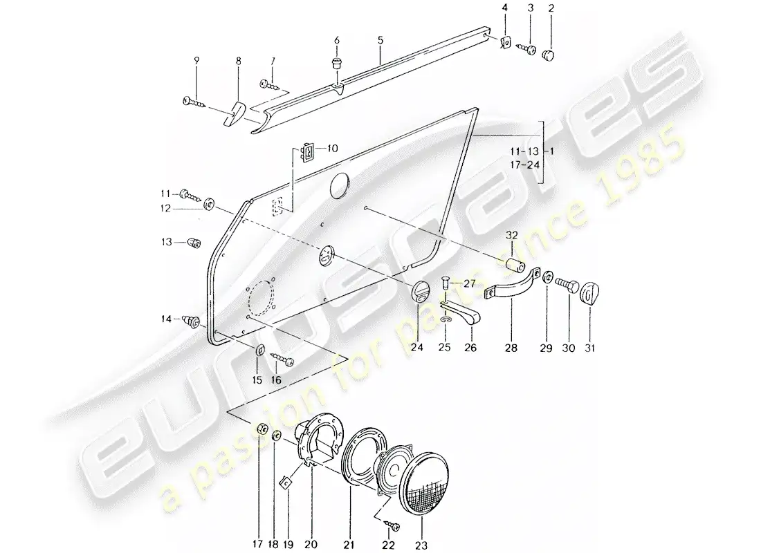 porsche 1990 (964) equipamiento interior - puertas diagrama de piezas